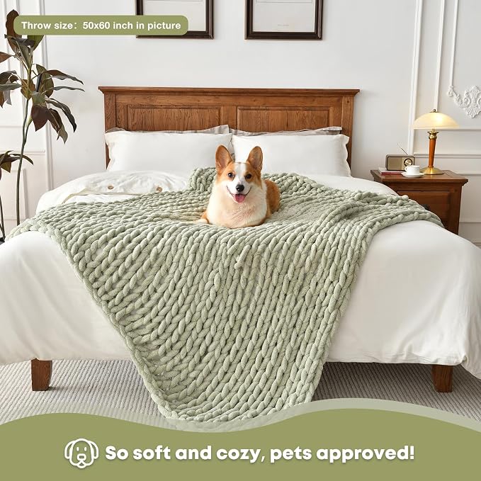 Soft Chunky Knit Blanket, 40X50 Inch Handmade Thick Chenille Yarn Throw Without Shedding & Raveling, Aesthetic & Cozy Home Decor with Couch Sofa Bed, Gift Pack, Sage Green