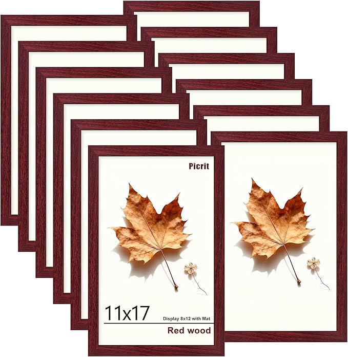 Picrit 11x17 Picture Frame Set of 12, Display 8x12 with Mat or 11x17 without Mat, Photo Frames for Wall Mounting Display, Dark Red Wood