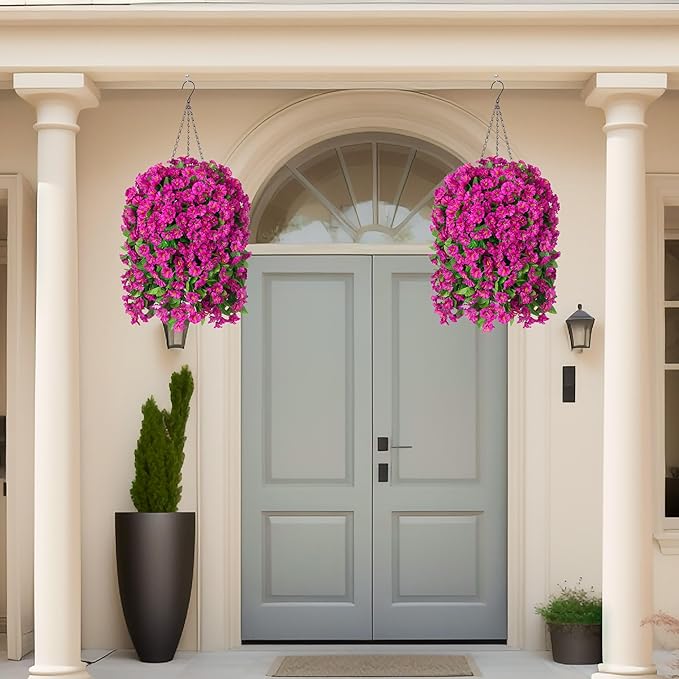 Ammyoo Artificial Faux Hanging Flowers Basket for Spring Summer Outdoor Porch Decoration, Fake Silk Colorful Morning Glory Eucalyptus in Planter UV Resistant for Home Balcony Yard(Red Purple)
