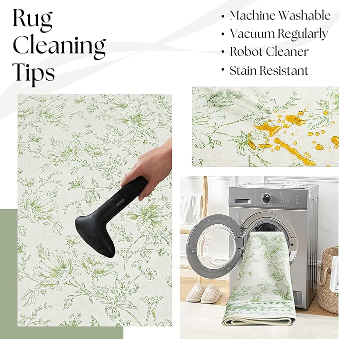 BILEEHOME Floral Area Rug for Bedroom 5x8 Sage Green and Cream Beige Vintage Boho Floral Sketch Style, Washable Low Pile Non Slip Area Rugs for Nursery Living Dining Room, Cozy Aesthetic Home Decor