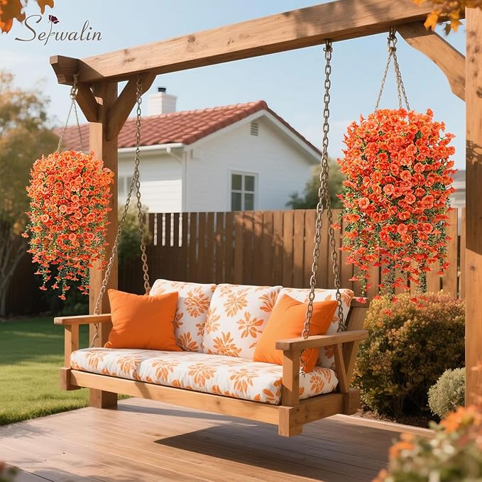 Serwalin Artificial Hanging Flowers for Outdoors Decoration, 8PCS UV Realistic Resistant Silk Artificial Fake Plants Outdoor for Porch Patio Balcony Planter Garden Yard Decor (Orange,8PCS)