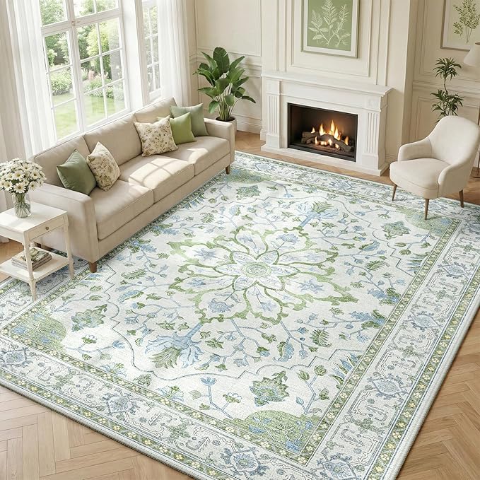 RELEANY Area Rugs 9'x12' Washable Non-Slip, Floral Vintage Distress Print Pattern Medallion Carpet for Living Room Bedroom Dining Room, Green White Blue