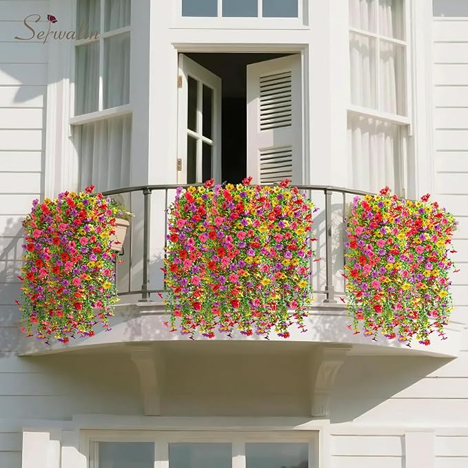 Serwalin Artificial Hanging Flowers for Outdoors, 4PCS UV Resistant Fake Hanging Plants with 101 Blooms, Realistic Weatherproof Outdoor Decor for Patio, Porch, Garden & Window (Summer Colors)