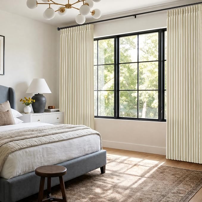 96 Inch Pinch Pleated Linen Cream Beige Curtains 2 Panels Boho Cottage Memory Shape Semi Sheer Burlap Textured Drapes for Living Dining Room Bedroom 40 Inch Wide Back Tab Light Filtering Curtains