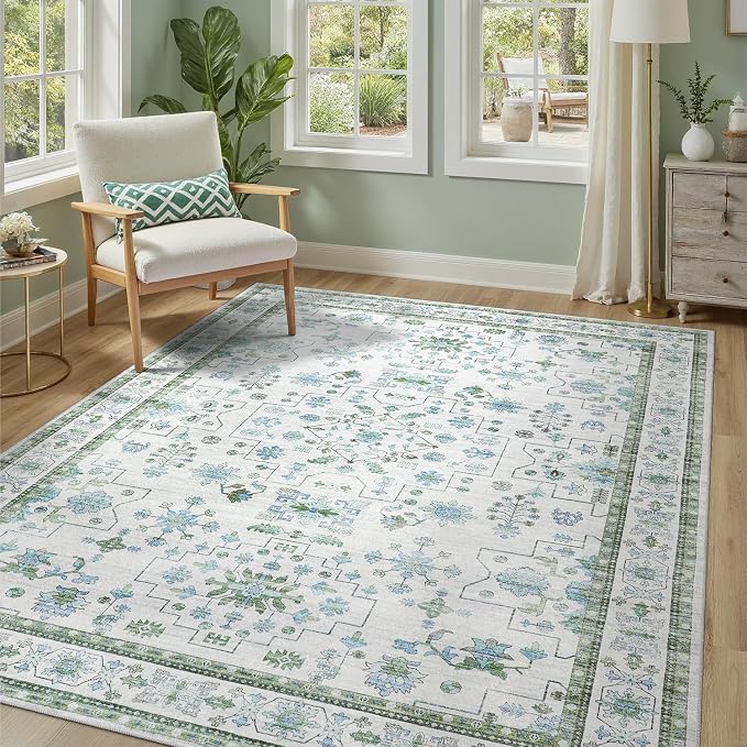 DCX Green 4x6 Rug, Kid & Pet Friendly with Rubber Back Non Slip, Machine Washable Stain Resistant Vintage Boho Floral Rug for Living Room, Bedroom, Soft Low Pile Large Nursery Carpet