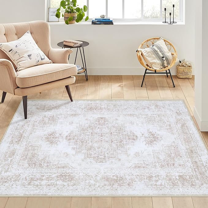 XLUEZ Bedroom Rug 3x5 Vintage Rugs, Machine Washable Small Area Rug Retro Medallion Distressed Rugs Non-Slip Soft Low Pile Throw Rug for Entryway Bedroom Bathroom Hallway Kitchen(Beige,3'x5')