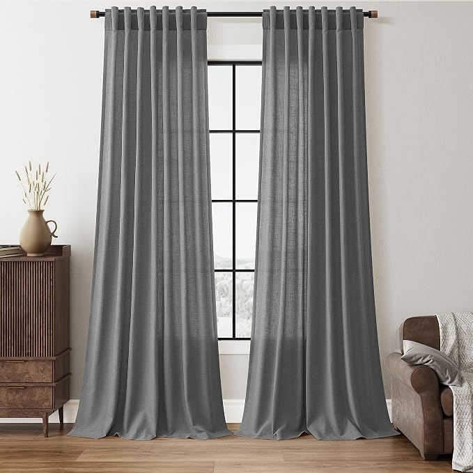 Nanspring Blazer Grey Linen Curtains Extra Long 120 Inches Long for Living Room 2 Panel Set Back Tab Boho Farmhouse Semi Sheer Curtain Drapes for Dining Room Large Window 10 FT Tall W50 x L120
