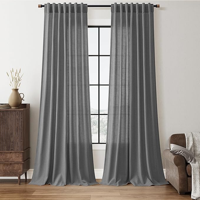 Nanspring Linen Curtains 102 Inches Long for Living Room 2 Panels Set Farmhouse Boho Privacy Light Filtering Back Tab Hook Belt Semi Sheer Curtains for Bedroom Linen Long Blazer Grey W50 x L102
