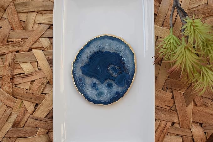 Nature's Decorations Blue Gold Rimmed Agate Stone Coasters - Set of 4, Polished Geode Drink Mats for Dining & Coffee Table & Kitchen Geode Decor Non-Toxic 3.5-4" Diameter