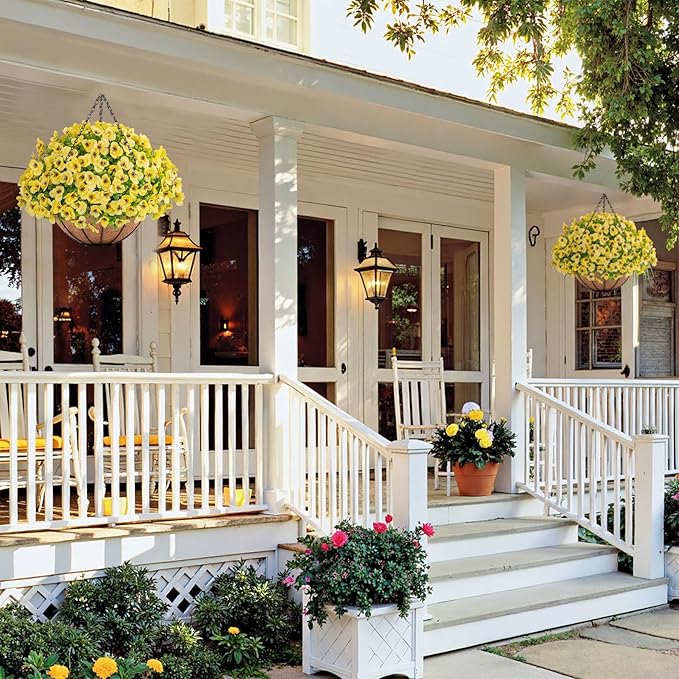Artificial Hanging Flowers with Baskets for Outdoors, Fake Silk Pansy Flowers UV Resistant Faux Hanging Plants for Front Porch Patio Yard Home Spring Summer Decoration, Yellow