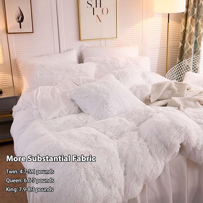 LIFEREVO Luxury Plush Shaggy Duvet Cover Set, Ultra Soft Fluffy Furry Duvet Cover Set(1 Faux Fur Fuzzy Comforter Cover + 2 Pom Poms Velvet Pillow Cases) Solid Bedding Set, Zipper Closure(King, White)