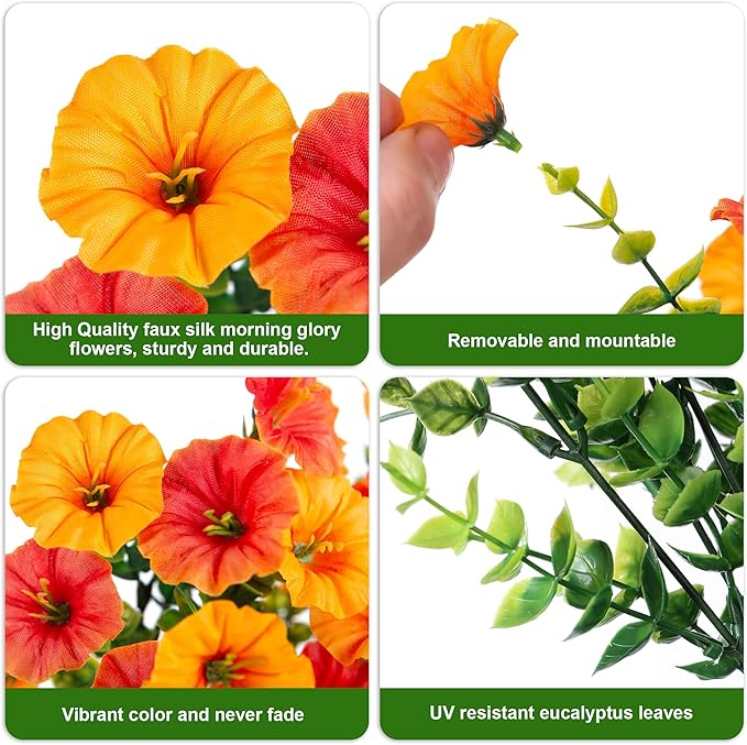 Artificial Faux Fall Hanging Flowers Plants for Outdoor Decor,2 PCS Fake Silk Morning Glory with Eucalyptus UV Resistant Realistic Vine for Wall Home Porch Patio Balcony Yard Decor,Yellow and Orange