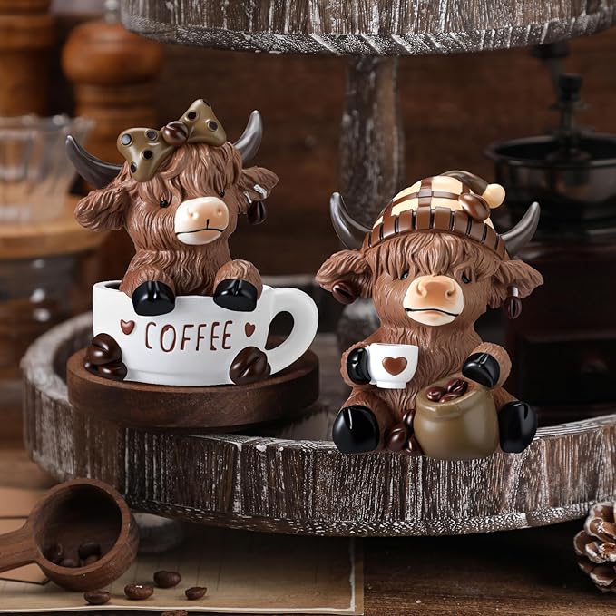 Wesiti 2 Pcs Coffee Highland Cow Figurines Decor, Coffee Cow Desk Decorations Gnomes Scottish Resin Statue Calf for Home Garden Kitchen Office Tiered Tray Table