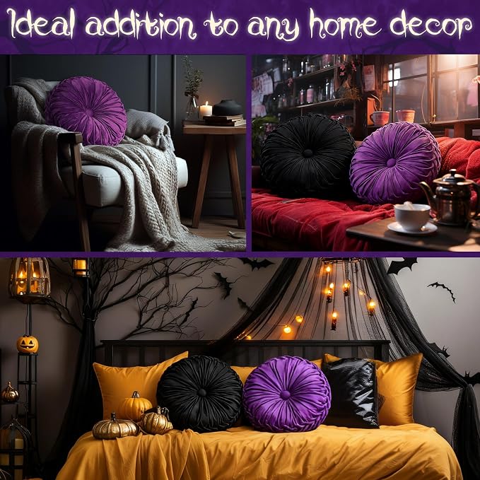Beeveer 2 Pcs Round Throw Pillows 15 Inch Decorative Velvet Pleated Pumpkin Pillows Boho Floor Pillow with Center Button for Living Room Couch Chair Bed Sofa Home Decoration (Black and Purple)