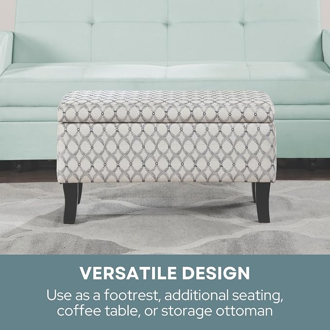 Convenience Concepts Designs4Comfort Winslow Storage Ottoman Bench 32" - Transitional Upholstered Footstool & Seat, for Living Room, Entryway, Hallway, & Bedroom, Ribbon Pattern Fabric