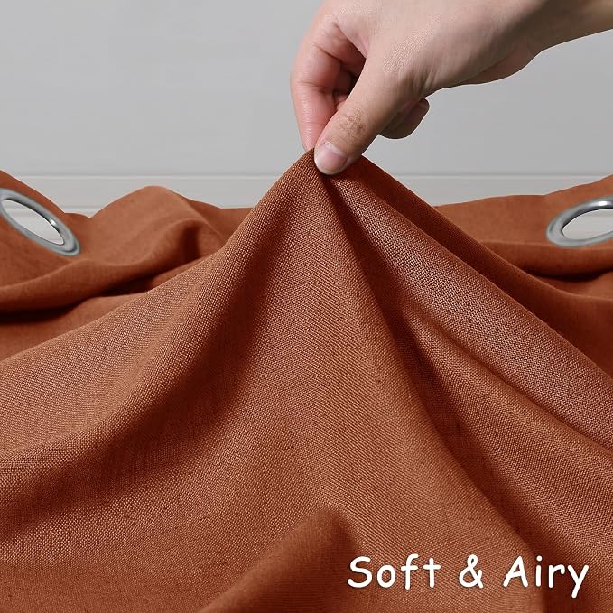 Terracotta 96 Inch Linen Curtains for Sliding Door Living Room Grommet Neutral Farmhouse Boho Light Filtering Semi Sheer Rust Orange Red Curtain Drapes for Bedroom Aesthetic 96 Inches Long 2 Panels