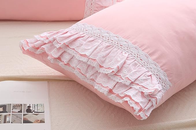 2-Pack Pink Pillow Shams Cases Covers with Ruffles and Lace Cotton Queen Size 30"X20"Soft Boudoir Luxurious