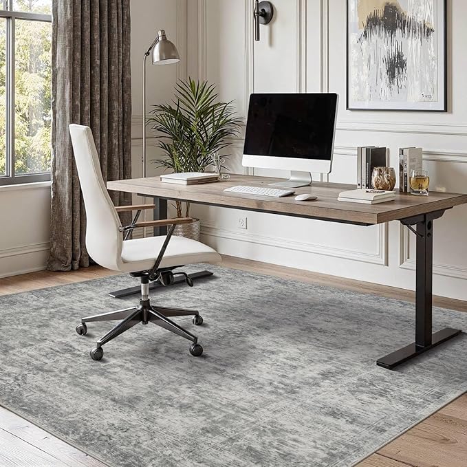 Rugxara 4x6 Area Rugs for Living Room Bedroom, Large Washable Rug, Grey Vintage Abstract Boho Rug, Non Slip & Low Pile Wool Carpet for Indoor Dining Room, Farmhouse, Kids Room and Office(Grey 4x6ft)