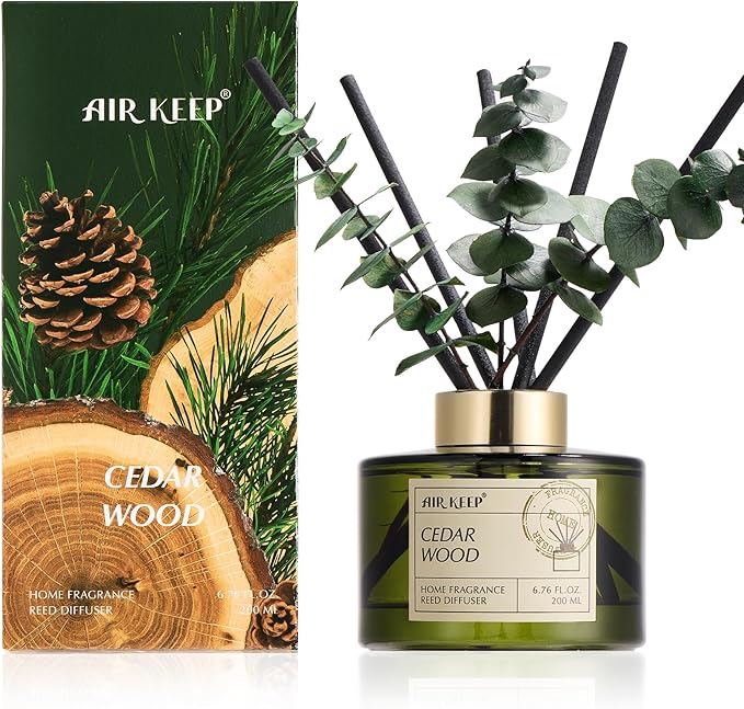 Airkeep Reed Diffuser Set with 6.76 fl oz Cedar Wood Scent Essential Oils and 3 Leaves & 8 Diffuser Sticks,Bathroom Shelf Decor & Air Freshener, House Bedroom Office Decor & Gifts