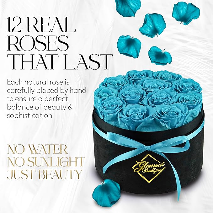 GLAMOUR BOUTIQUE Flowers Forever Gift Box, 12 Real Preserved Roses in Velvet Box, Floral Gift for Her, Mom or Wife for Birthday, Mother’s Day, Anniversary or Graduation, Teal (Color-Treated)