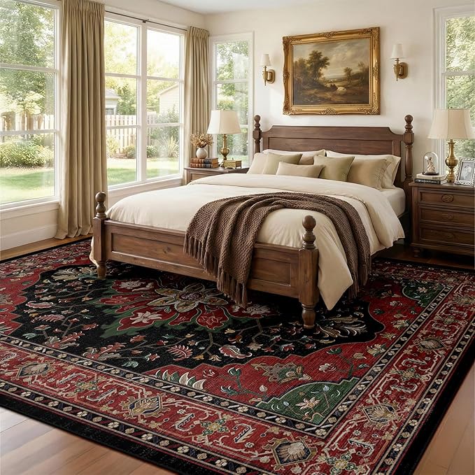 RELEANY Area Rugs 8'x10' Washable Non-Slip, Floral Vintage Distress Print Pattern Medallion Carpet for Living Room Bedroom Dining Room, Red Black