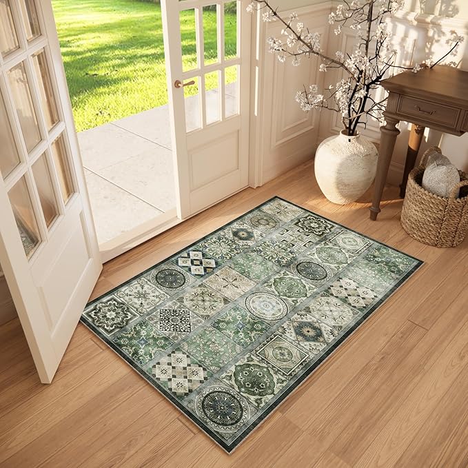 Washable Entryway Rug 3'x5 Non-Slip Backing Vintage Indoor Rug Low Pile Lighrweight Carpet for High-Traffic Indoor Entrance & Kitchen Farmhouse Decor