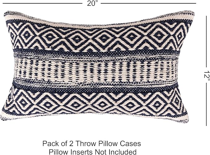 REDEARTH · Boho Textured Throw Pillow Cushion Covers - Lumbar Woven Tufted Decorative Farmhouse Cases Set for Couch, Sofa, Bed, Chair, Dining, Patio, Outdoor; 100% Cotton (12"x20", Indigo) Pack of 2