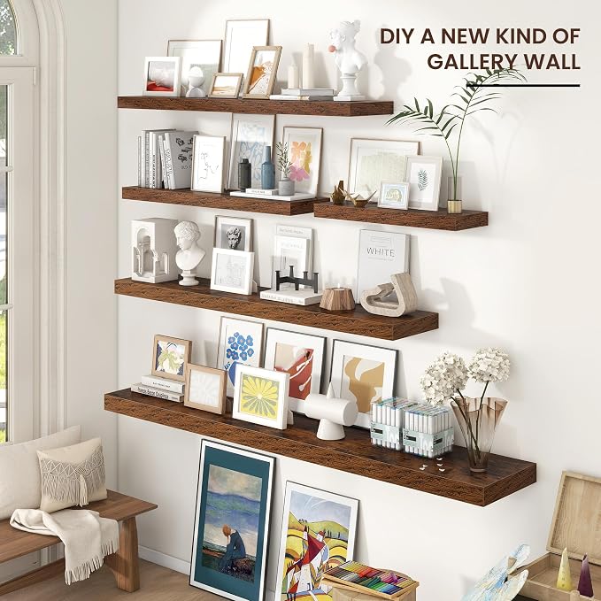 36" Wide x 8" Deep Floating Shelves for Wall, Rustic Brown, 2-Pack | Engineered Wood Wall Shelves with Invisible Brackets for Living Room, Bedroom, Bathroom, Office & Kitchen Storage