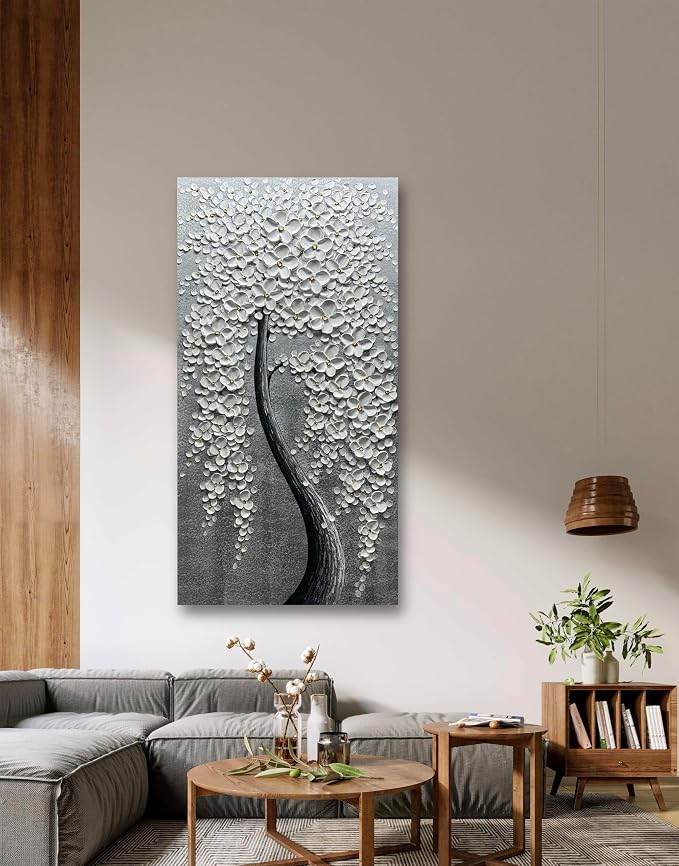 Yika Art Paintings - 24X48 Inch 3D White Flower Tree Wall Art Abstract Textured Knife Platte Acrylic Painting on Canvas 3D Flowers Tree Paintings Ready to hang
