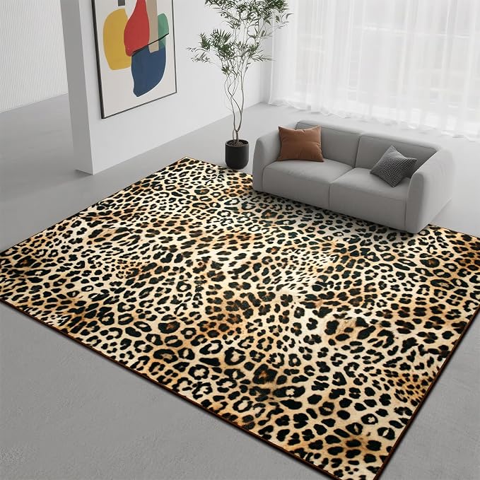 DweIke Leopard Print Rug for Living Room, Machine Washable 4x6 Cheetah Area Rugs for Bedroom, Non-Slip Low Pile Animal Hide Carpet with Rubber Backing for Dining Room Kitchen Home Decor,White Brown