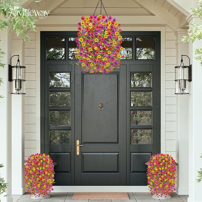 Artificial Hanging Flowers for Outdoors Spring Summer Decoration, 8PCS UV Resistant Silk Fake Hanging Plants for Patio Porch Front Yard Window Garden Indoor Decor(Spring Color,8PCS)