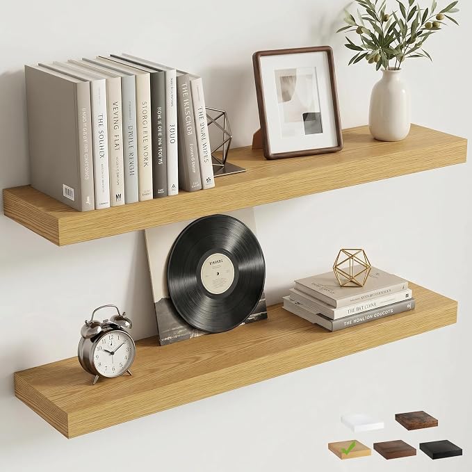 Venusmiles Floating Shelves for Wall, 30 Inch Floating Shelves Set of 2, 6.5" D Wooden Wall Mounted Display Shelves with Invisible Brackets for Living Room, Bedroom, Bathroom, Kitchen Decor, Oak