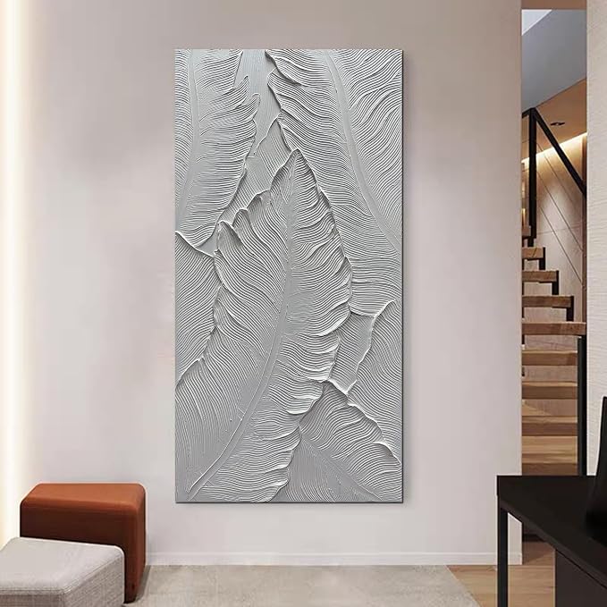 Art8YuQi Paintings - Contemporary Abstract Art leaf Oil Painting On Canvas Texture 3D White Painting Plantain Handmade Artwork Picture Canvas Wall Art Modern Home Decor living room Ready to Hang 24X48 inch