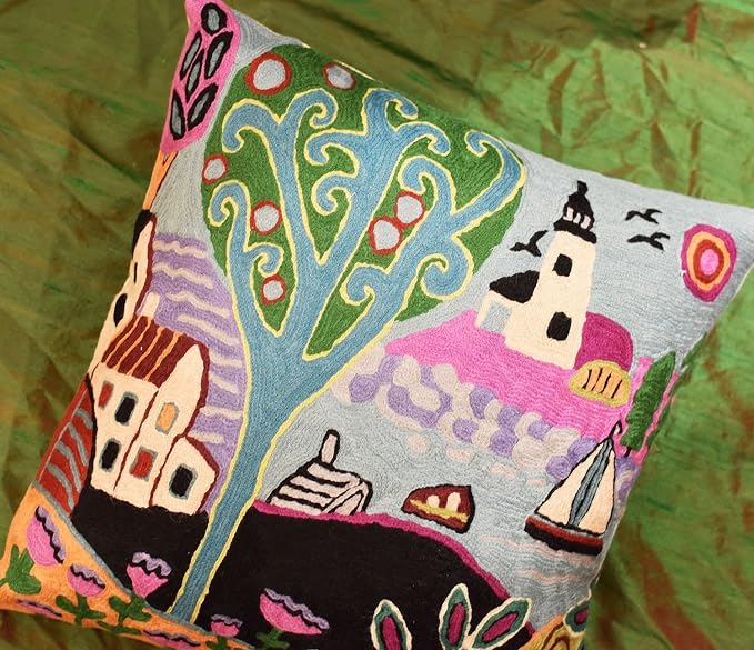 Green Coastal Pillow Cover Blue Nautical Accent Throw Pillowcase Karla Gerard Accent Cushion Floral Tree Chair Pillowsham Mid Century Modern Couch Hand Embroidered Wool 18x18 Inch