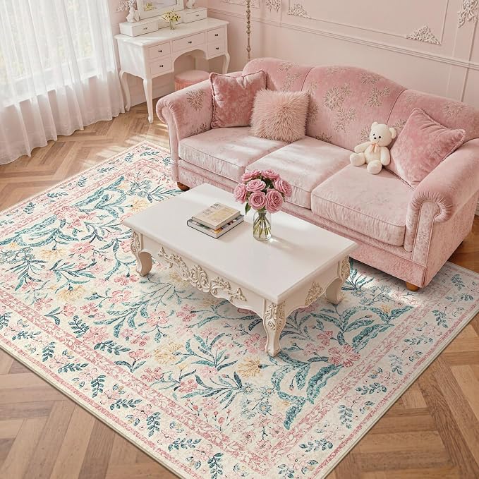 Wonnitar Pink Rugs for Nursery, 5x7 Washable Rug for Bedroom Girls, Boho Soft Floral Carpet Non Slip, Indoor Ultra-Thin Floor Carpet for Baby Kids Room Living Room Dorm Decor