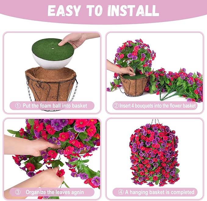 INXUGAO Artificial Flowers with Hanging Basket, Outdoor Faux Plants Silk Morning Glory Vines, Fake Green Arrangement for Garden Patio Spring Summer Decor(4pcs,Hot Pink Purple)