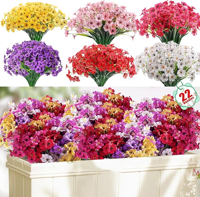 Powbrace 22 Pack Artificial Flowers for Outdoor Indoor Fake Plants, Faux Silk Flowers for Outdoors Outside Front Porch Hanging Planter Window Box Garden Spring Decoration(Multi-Colour)