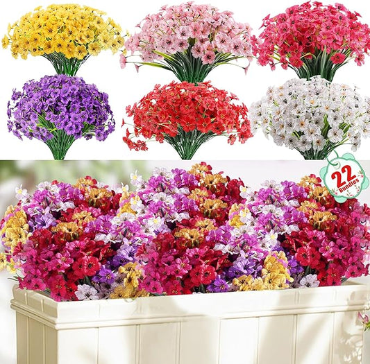 Powbrace 22 Pack Artificial Flowers for Outdoor Indoor Fake Plants, Faux Silk Flowers for Outdoors Outside Front Porch Hanging Planter Window Box Garden Spring Decoration(Multi-Colour)