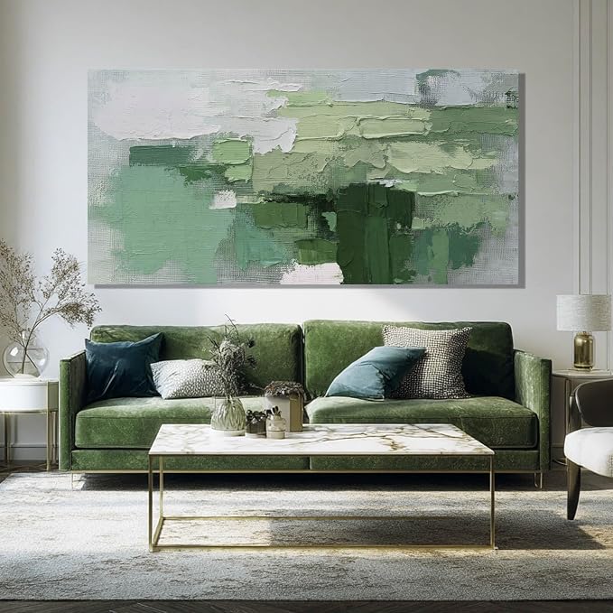 SHEYOYE Green Abstract Canvas Wall Art, White Large Modern Art Prints, Office & Dining Room Posters for Room Decor | 24" x 48"