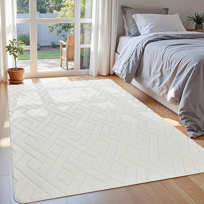 Macgace Ultra Soft Cream White Area Rug for Bedroom, 4x6 Modern Geometric Shag Rugs with Nonslip Backing for Living Room, Washable Fuzzy Carpet for Cozy Kids Room Nursery