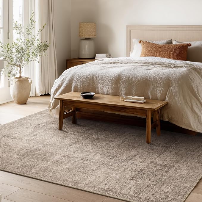 Machine Washable Rugs for Living Room: 6x9 Area Rugs for Bedroom Ultra Soft Non-Slip Low Pile Vintage Distress Boho Large Carpet for High-Traffic Dining Room - Farmhouse Decor
