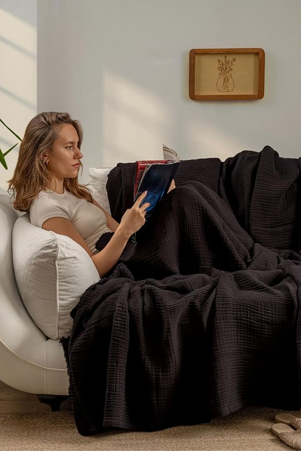 Muslin Blanket - Pure 100% Turkish Cotton Airy Soft Light Versatile Gauze Throw Blanket for Bed, Couch, Sofa (Black, California King Size (95" x 125" inch))