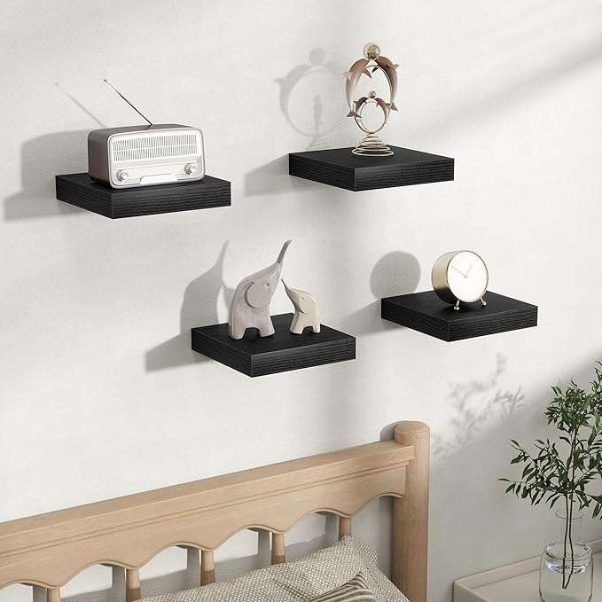 Fun Memories Floating Shelves for Wall, Rustic Wood Wall Mounted Shelves for Bathroom, Bedroom, Living Room & Kitchen, Storage Display Shelves, (Set of 4, Black, 8 in)