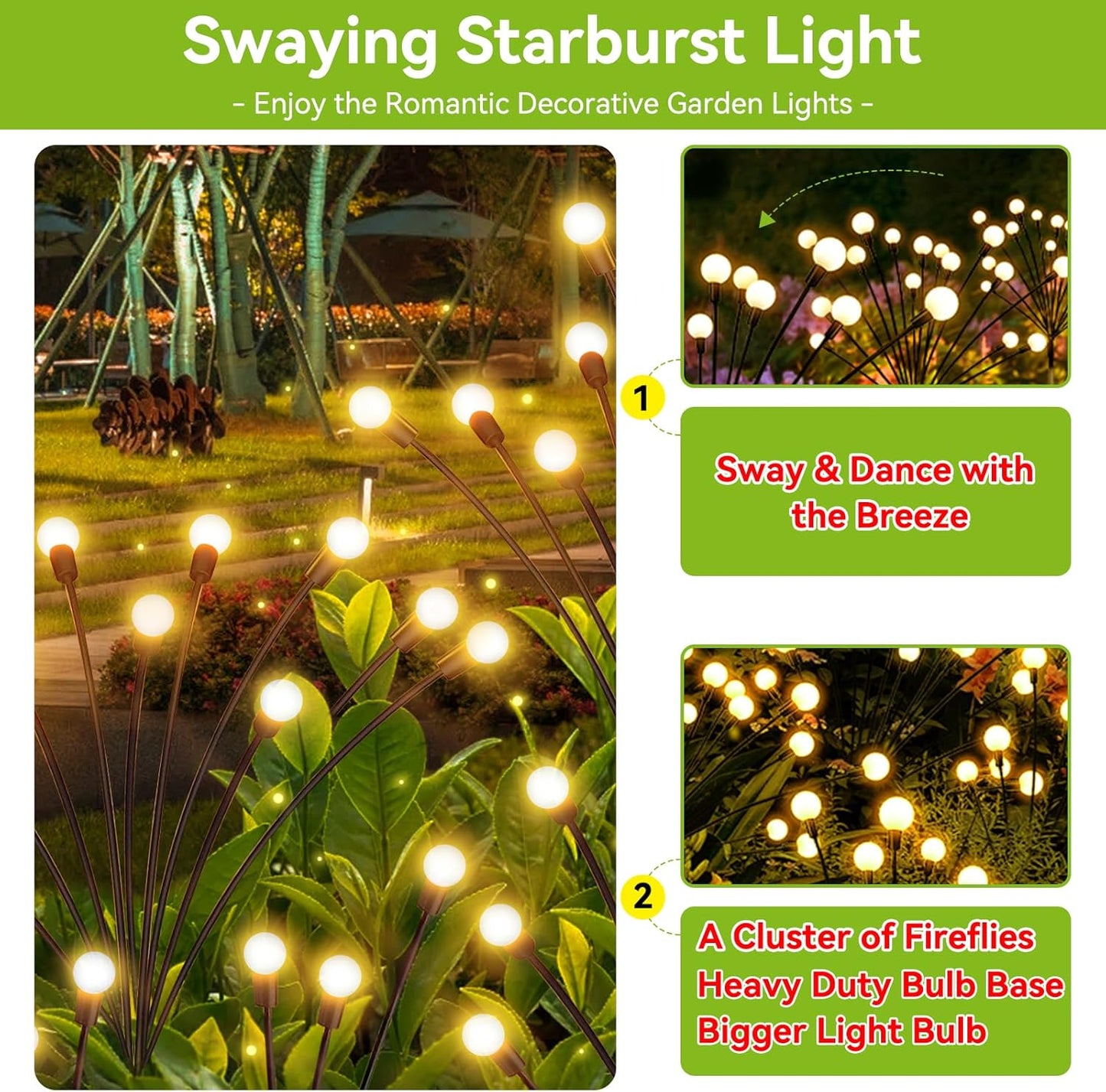 Solar Garden Lights Outdoor Waterproof, 2 Pack 16 LED Swaying Light Firefly Light Outdoor Decor Lights for Garden Gifts for Pathway Party Christmas Decoration, Warm White