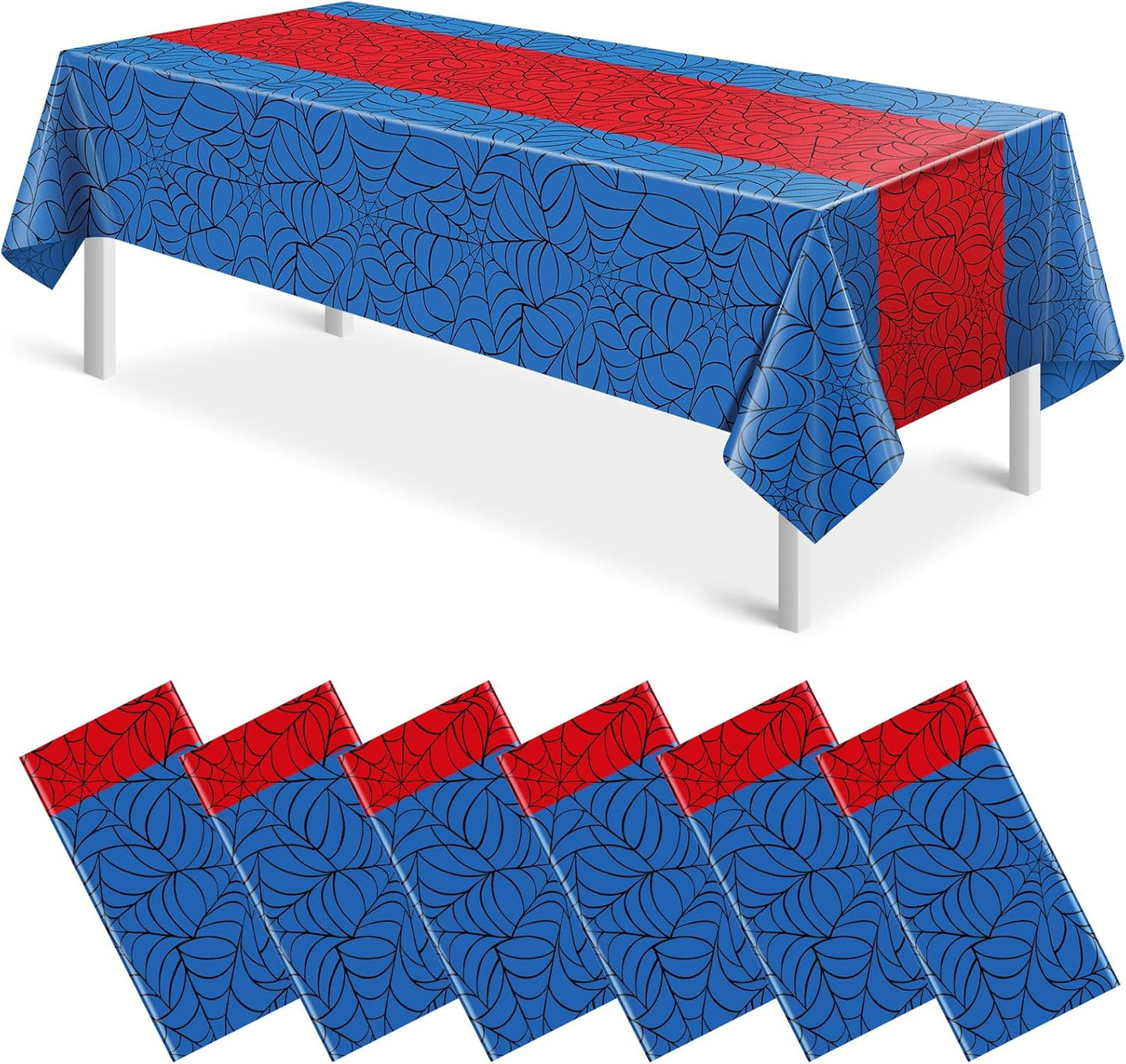 6Pcs Spider Web Themed Birthday Party Tablecloth Decorations,Blue Hero Plastic Table Cover with Red Runner Disposable Rectangle Table Cloth for Baby Shower Kids Boy Birthday Party Supplies,54x108 Inch