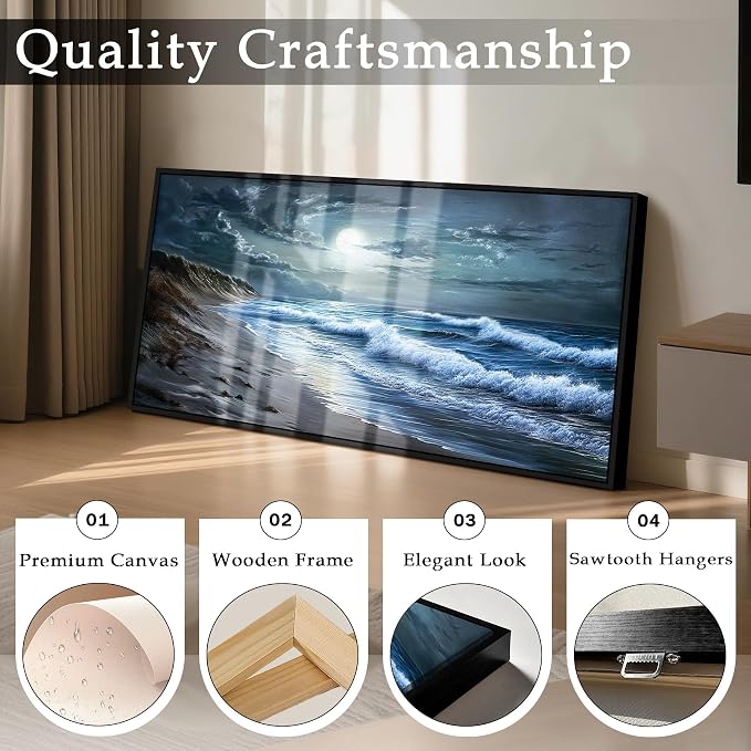 imjiayu Beach Wall Art, Large Wall Decor, Black Framed Wall Art, Coastal Wave Decoration Painting, Seaside Moon Night Canvas Prints, Modern Ocean Pictures Wall Decor Living Room Bedroom Office 20"x40"
