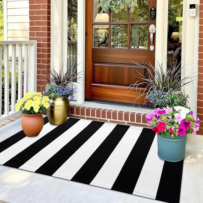 OLANLY Black and White Striped Rug 2' x 3' (24" x 36") – Washable Cotton Indoor Outdoor Doormat for Front Door, Entryway, Kitchen, Porch, Patio Decor
