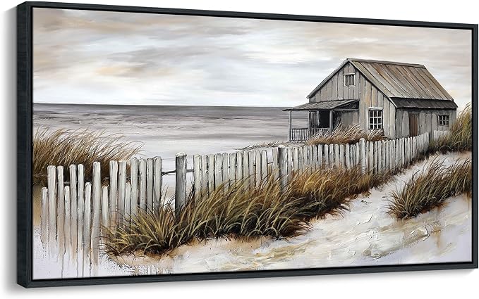 YDYSUNE Village Coastal Wall Art for Living Room - Retro Beach Fenced House Large Canvas Wall Decor for Home Artwork Painting Print for Bedroom Decoration Kitchen Office Picture Framed 29x58 Inches