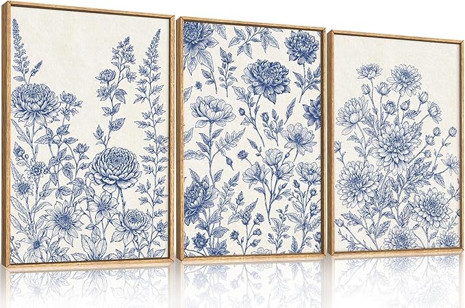 Large Navy Blue Chinoiserie Floral Framed Canvas Wall Art Set,Minimalist Blue and White Flower Wall Decor,Classic Watercolor Botanical Wildflower Art Print for Living Room,Bedroom-16 x24×3