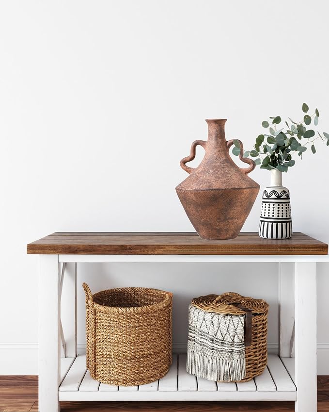 UPWOIGH 14x9.06in Vintage Ceramic Vase with Handles | Antique Terracotta Finish, Distressed Brown Tone, Black Markings, Rustic Farmhouse Décor, Gift Ready
